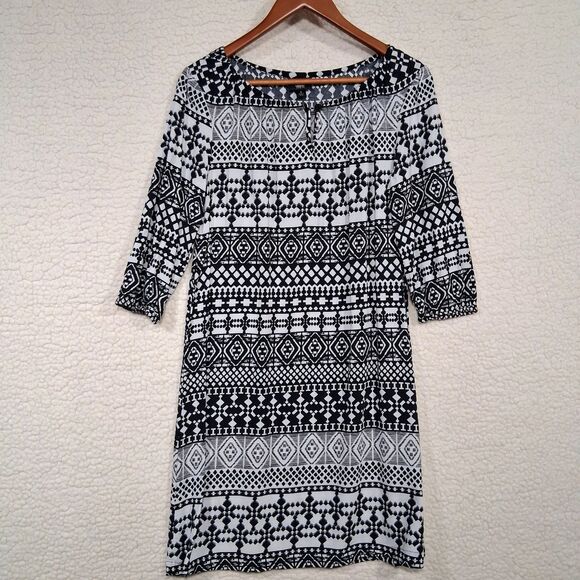 Mossimo Black White Print Dress Women's Size S 3/4 Sleeve Knee Length Casual - Picture 1 of 9